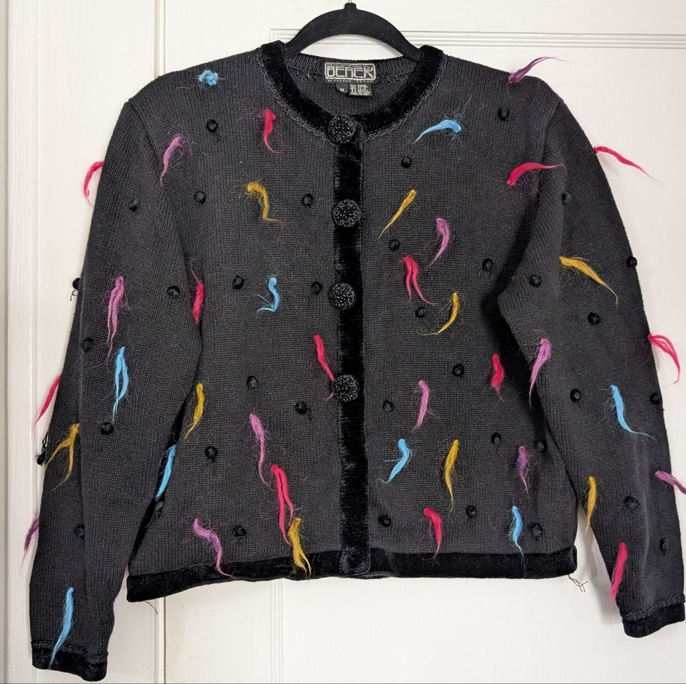 Vintage Becher by Takako Sachon Black Novelty Cardigan Sweater M Fuzzy Confetti